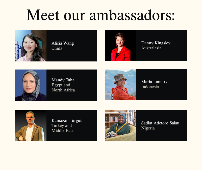 An image showing images of the six ambassadors and the region(s) they are an ambassadors